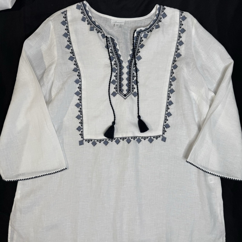 Pure Jill Womens XL Tall Embroidered Tunic 100% Linen Tassel White Blue Vacation